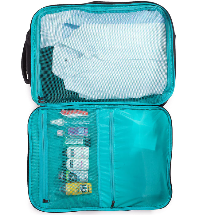 Duronic Travel Laptop Backpack with teal lining, packed with clothes and small toiletries.