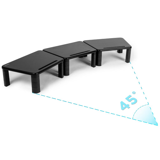 Duronic Triple Monitor Stand Riser arranged in a curved configuration showing a 45-degree angle of rotation.