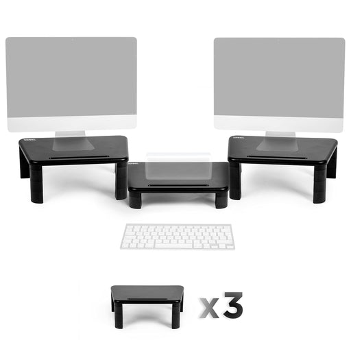 Duronic Triple Monitor Stand Riser with a set of three adjustable black monitor