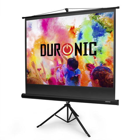 Duronic Tripod Projector Screen displaying a vibrant, colorful brand image.