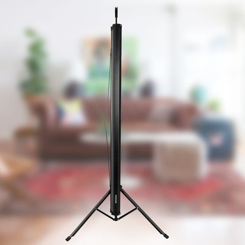 Duronic Tripod Projector Screen standing vertically on a tripod base against a blurred living room.