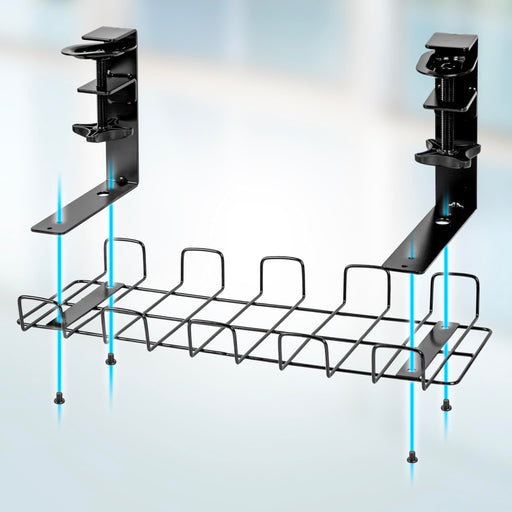 Duronic Under Desk Cable Management  featuring two black C-clamp mounts and a wire mesh basket designed for drill-free installation.
