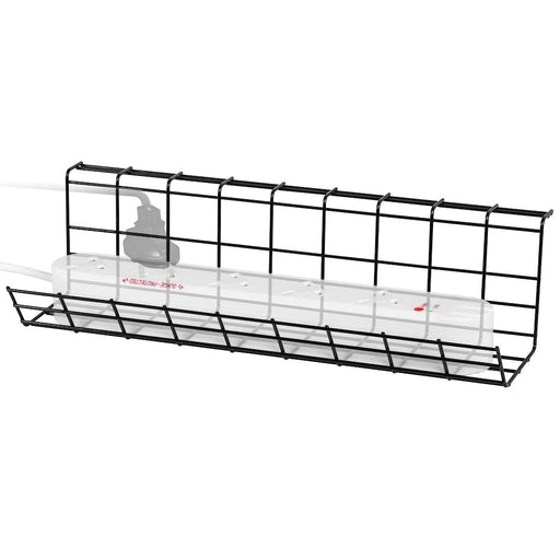 Duronic Under Desk Cable Management holding a white power strip with a plugged-in cord, designed for organizing home office electronics.