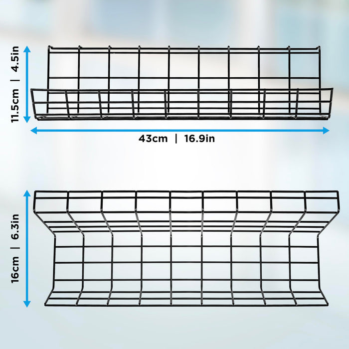 Duronic Under Desk Cable Management with Product dimensions of the black wire under-desk cable management tray showing a length of 43cm (16.9in), height of 11.5cm (4.5in), and a width of 16cm (6.3in).