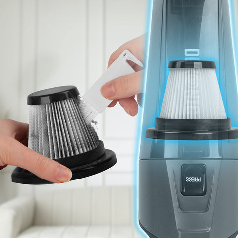 Duronic Vacuum Cleaner HEPA Filter showing a dirty HEPA filter being cleaned with a small white brush tool.