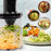 Duronic Vegetable Spiraliser with An electric spiralizer processing zucchini and sweet potato into noodles, shown alongside four circular inset images of finished dishes like zoodles with meatballs and curly fries.