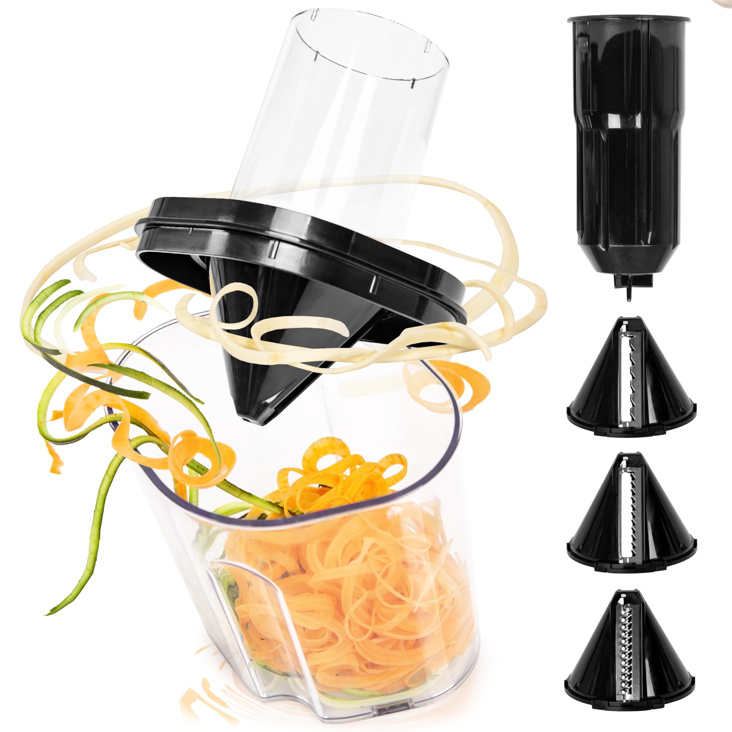 Duronic Vegetable Spiraliser with interchangeable cone blades and a clear collection jar, shown creating colorful vegetable noodles from carrots and zucchini.