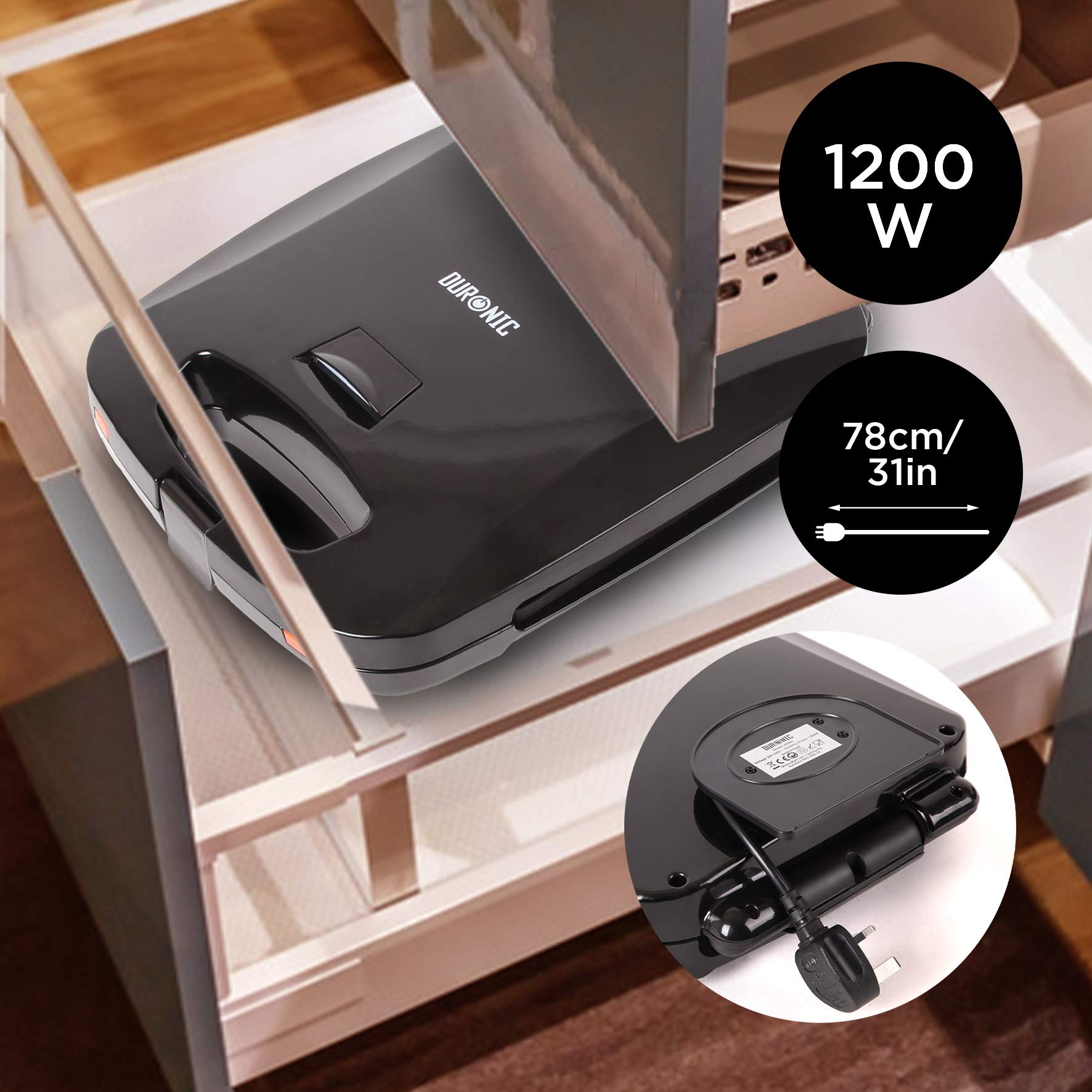 Duronic WM60 electric waffle cooker easily stored away in drawer with cable management for its UK plug