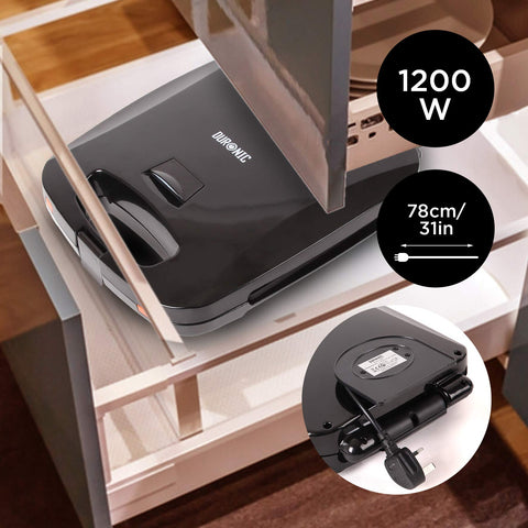 Duronic WM60 electric waffle cooker easily stored away in drawer with cable management for its UK plug