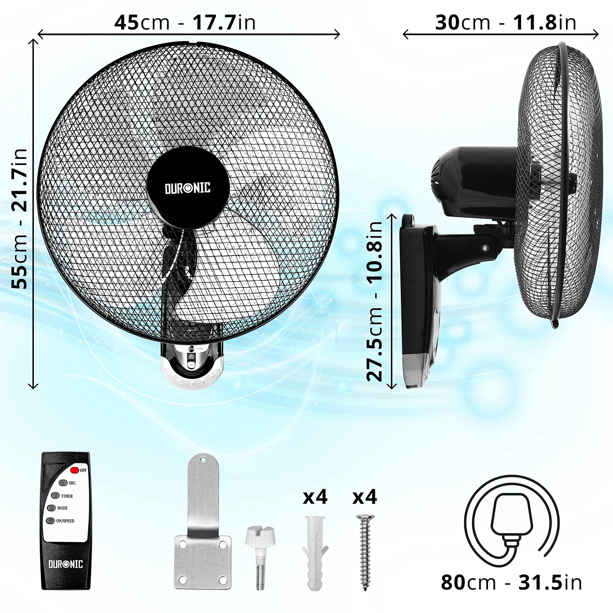 Duronic Wall Fan showing remote control, mounting bracket, hardware, and 80cm power cable.
