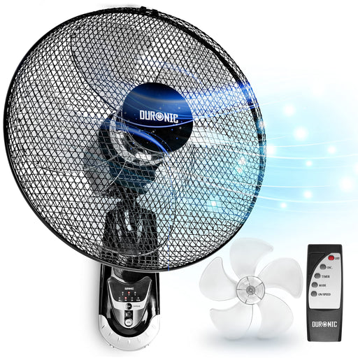 Duronic Wall Fan with mesh guard, five-blade propeller replacement, and remote control.