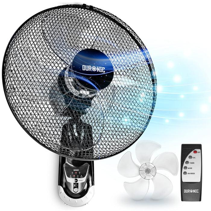 Duronic Wall Fan with mesh guard, five-blade propeller replacement, and remote control.