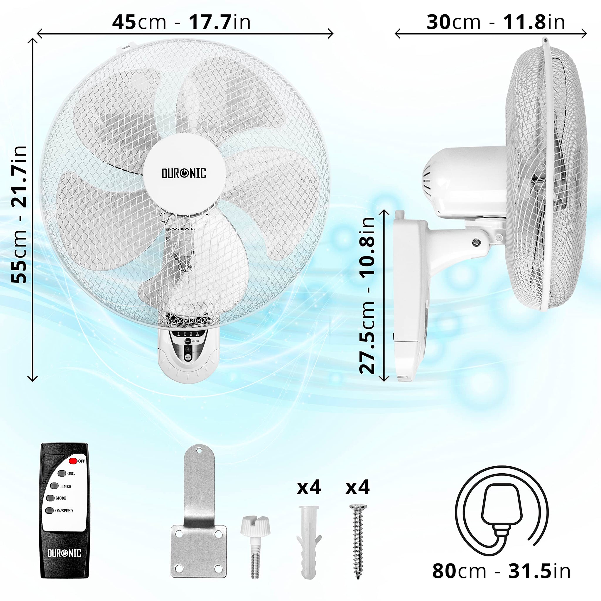 Duronic Wall Mounted Fan with dimensions, remote control, mounting hardware, and 80cm power cord diagram.
