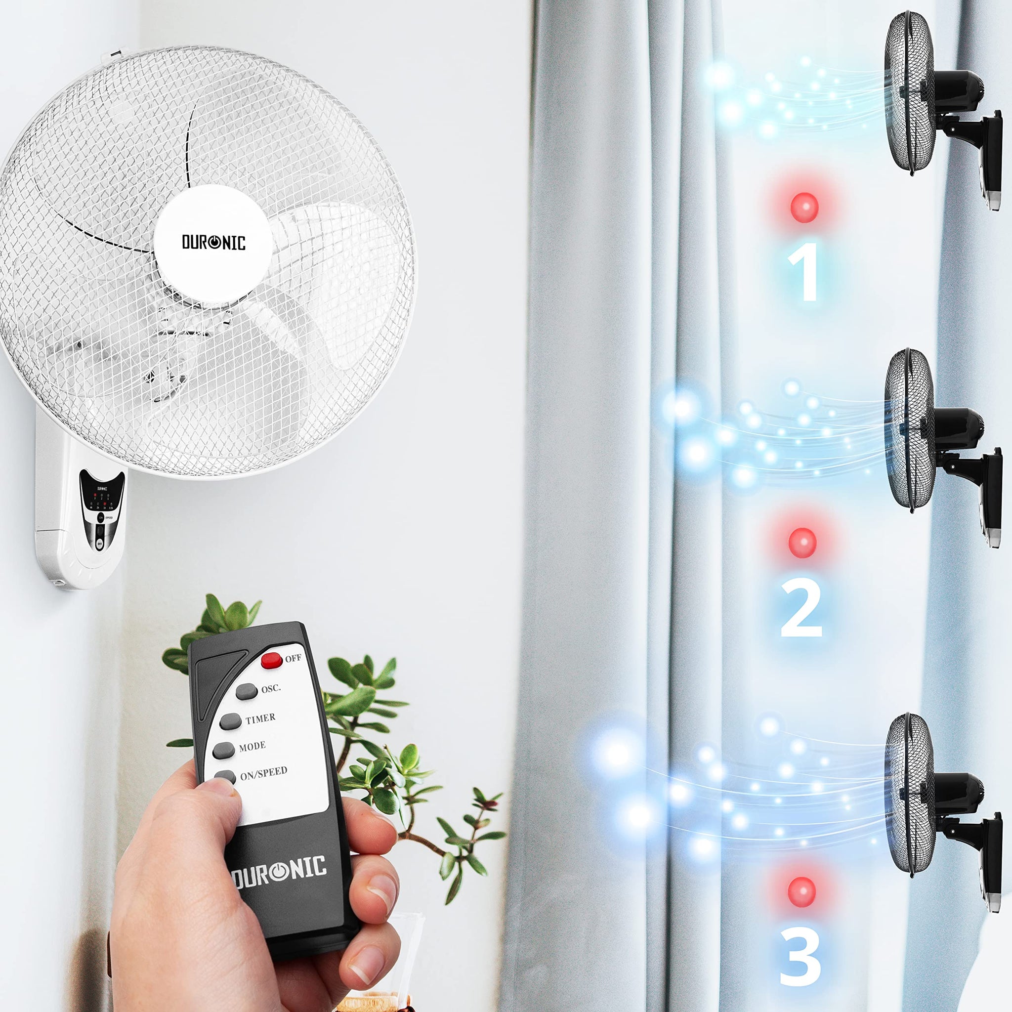 Duronic Wall Mounted Fan with remote control featuring three adjustable speed settings and airflow modes.