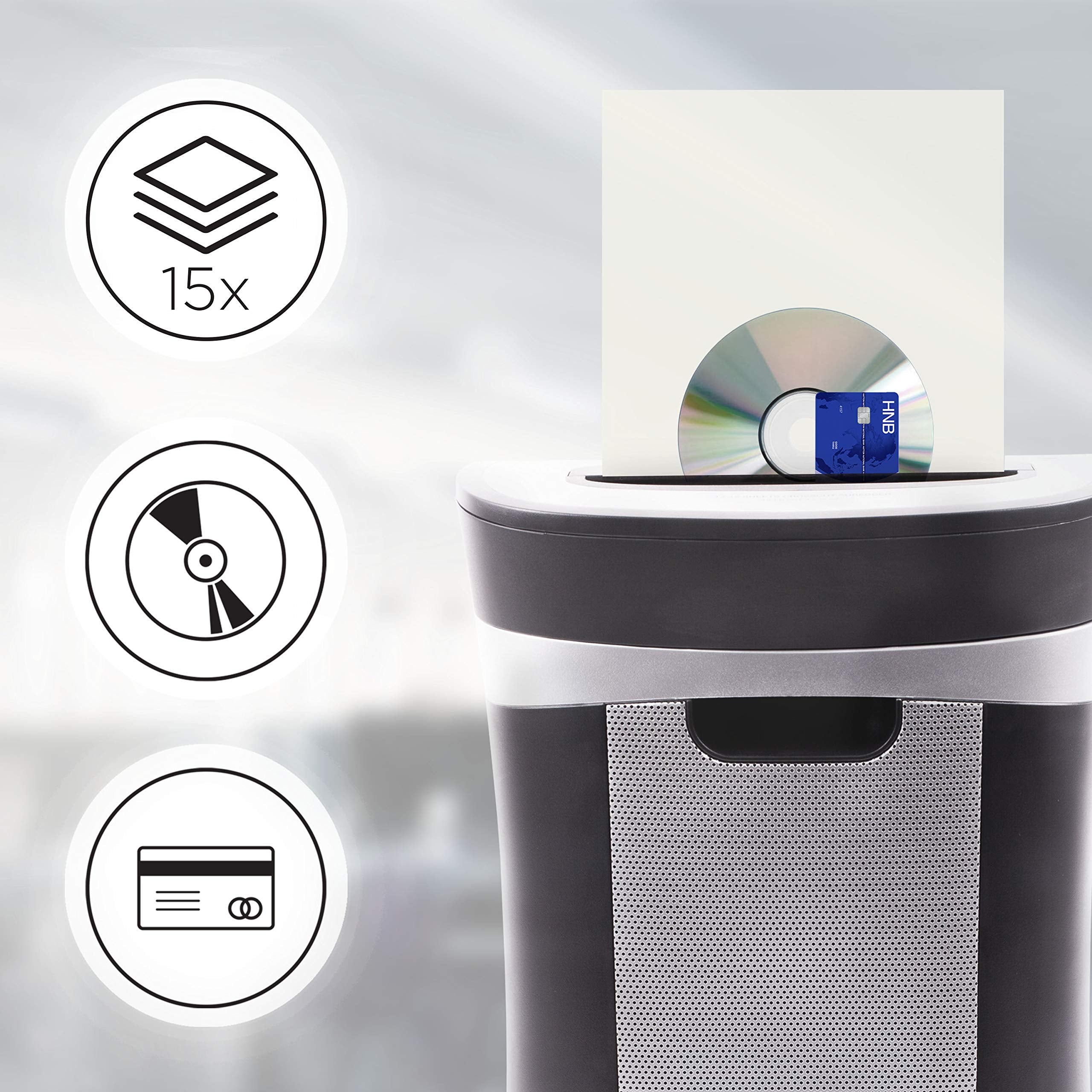 Duronic XXL Cross Cut Paper Shredder destroying a stack of 15 papers, a CD, and a credit card.