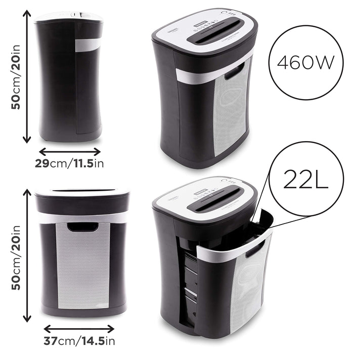 Duronic XXL Cross Cut Paper Shredder with clear dimensions shown from multiple angles.