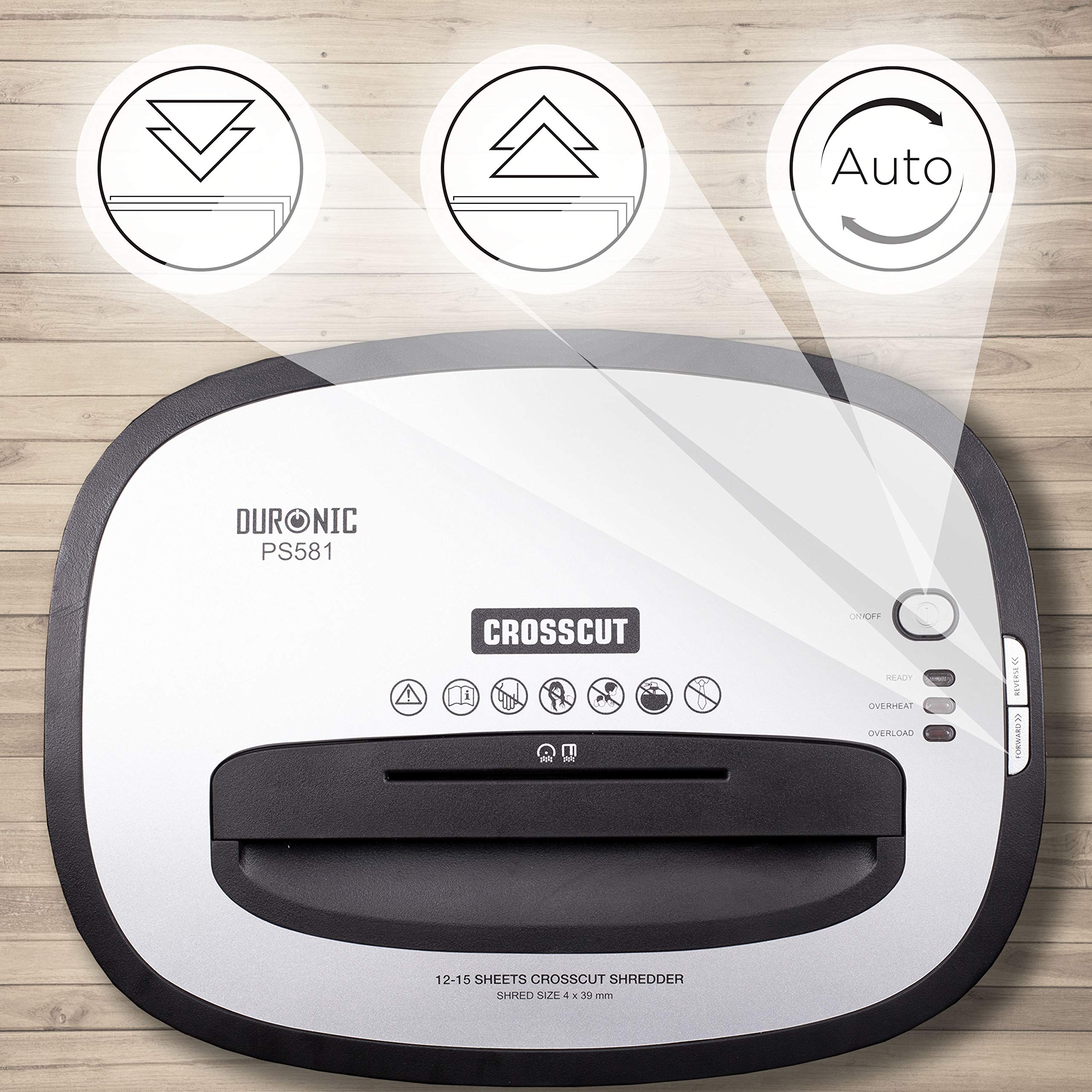 Duronic XXL Cross Cut Paper Shredder with highlighted reverse, forward, and auto settings.
