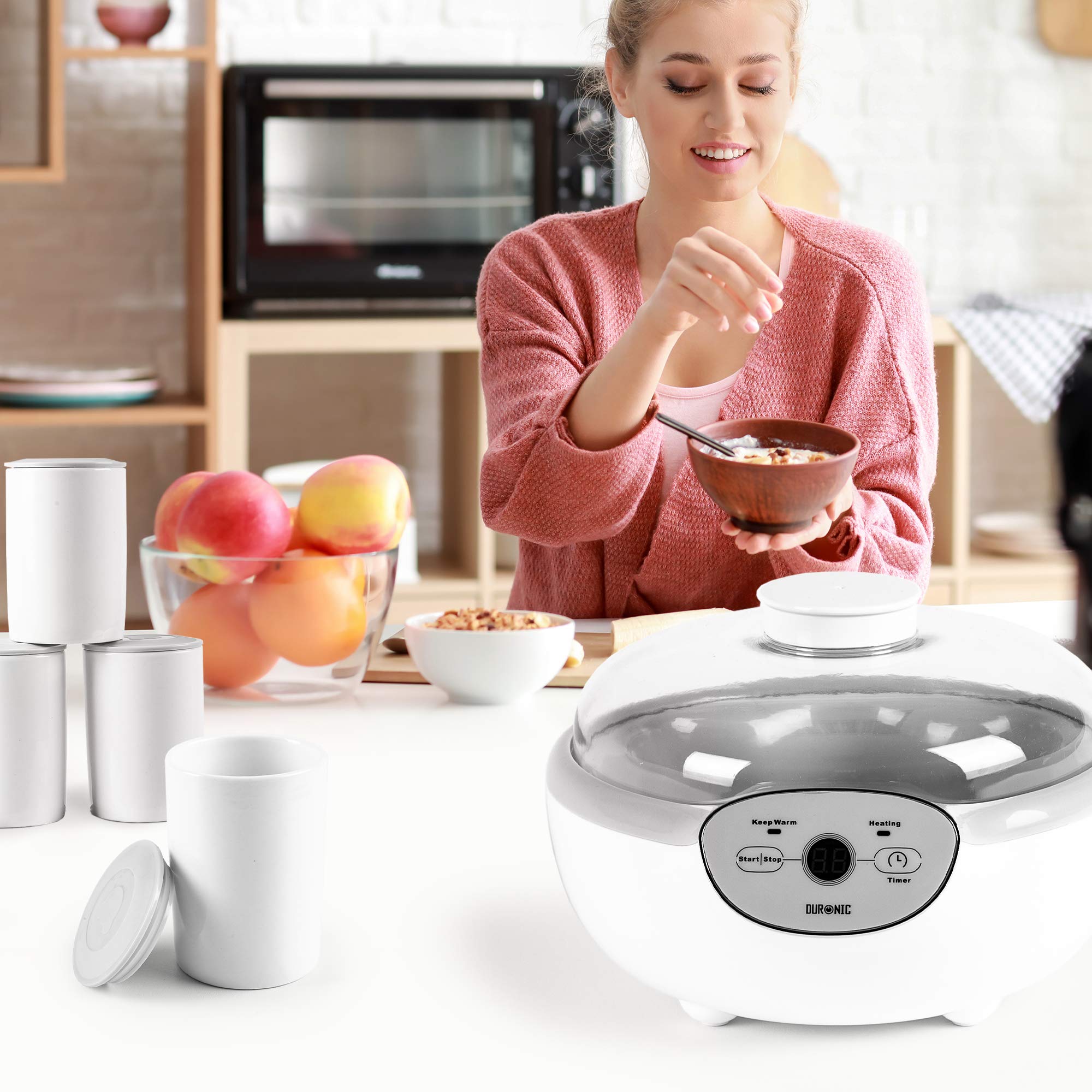 Duronic Yoghurt Makers on a kitchen counter with individual ceramic jars.