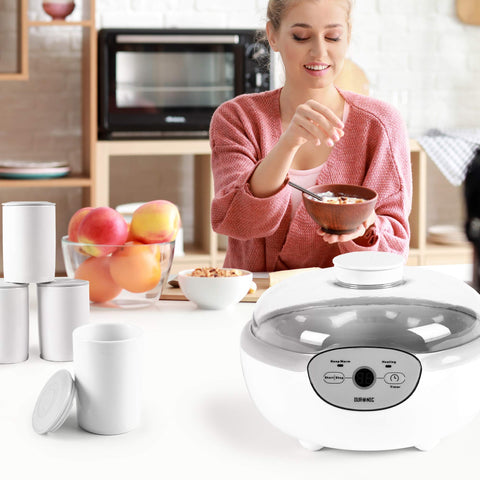 Duronic Yoghurt Makers on a kitchen counter with individual ceramic jars.