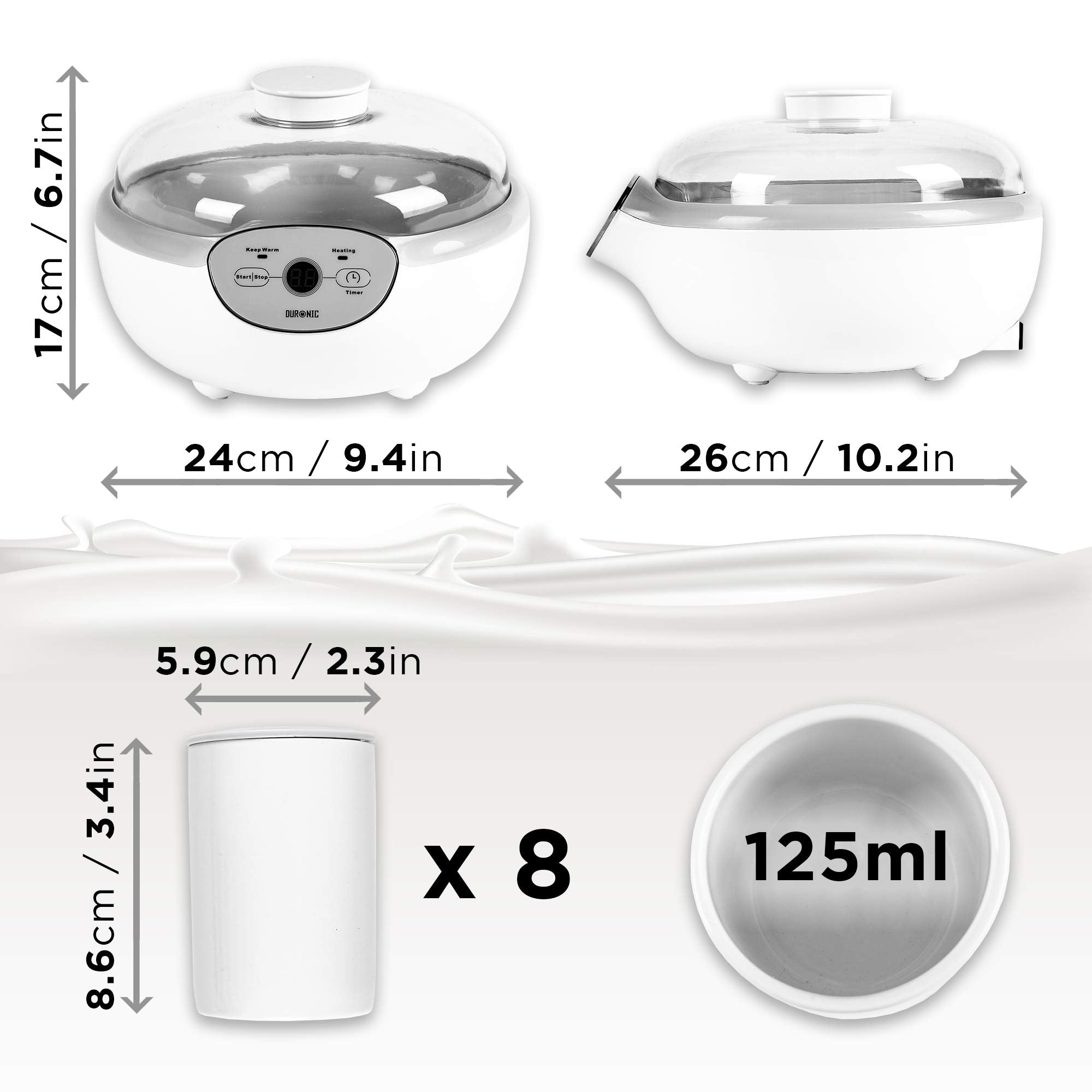 Duronic Yoghurt Makers with dimensions, including eight 125ml individual white ceramic cups.