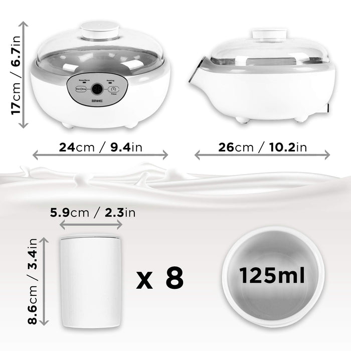 Duronic Yoghurt Makers with dimensions, including eight 125ml individual white ceramic cups.