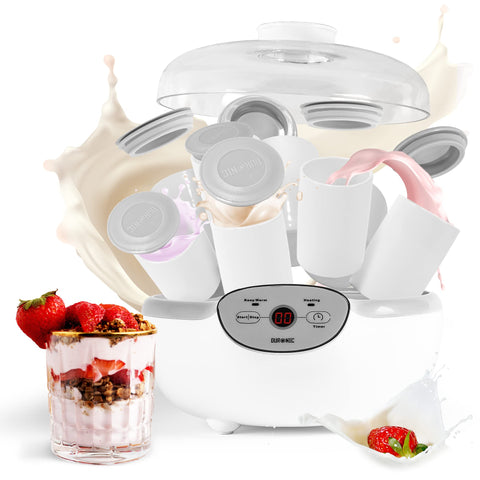 Duronic Yoghurt Makers with eight white jars, digital display, clear lid, and fresh strawberry yogurt.