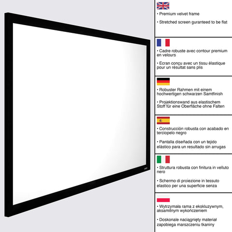 Fixed frame projector screen featuring a black velvet border with descriptive multi-language product bullet points.
