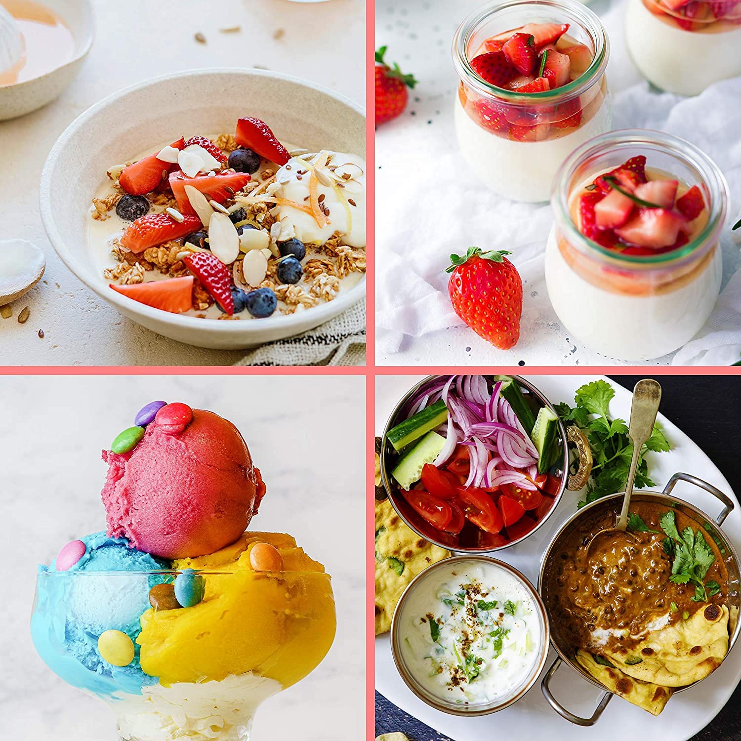 Four-quadrant food collage featuring a yogurt bowl, strawberry parfaits, colorful ice cream, and Indian curry.