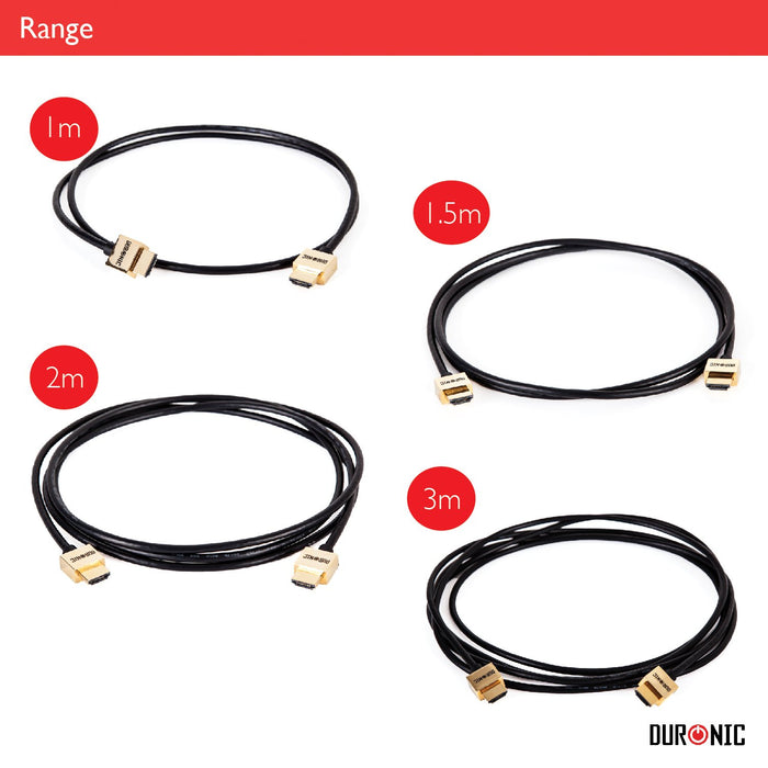 Four Duronic gold-plated HDMI cables displayed in various lengths: 1m, 1.5m, 2m, and 3m options.