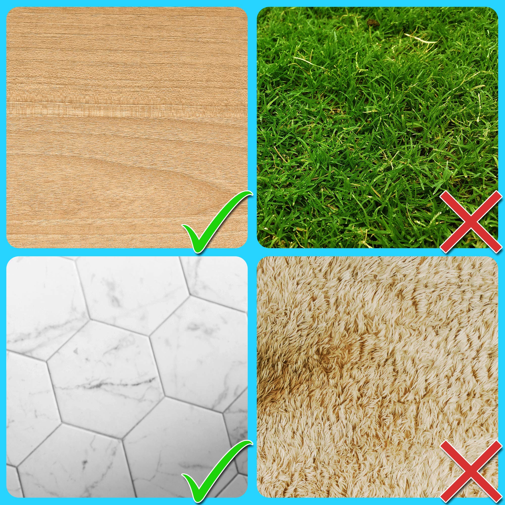 
Grid of four flooring surfaces: wood and marble tile (checked), grass and shag carpet (crossed).