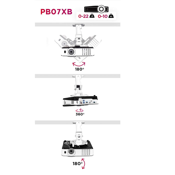 Projector ceiling mount model PB07XB showcasing 180-degree tilt, 360-degree rotation, and 22-pound weight capacity.