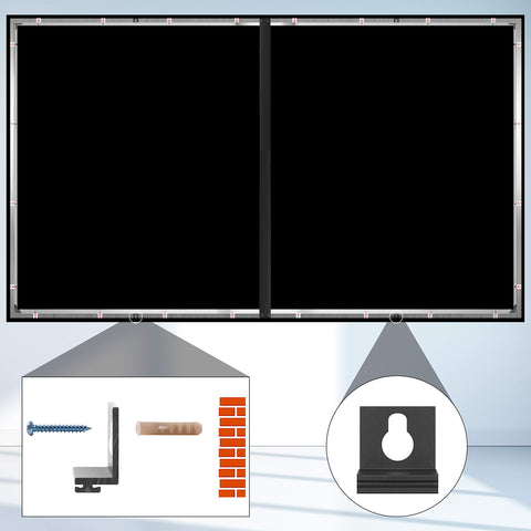 Rear view of a projector screen frame highlighting wall mounting brackets, screws, and anchors.