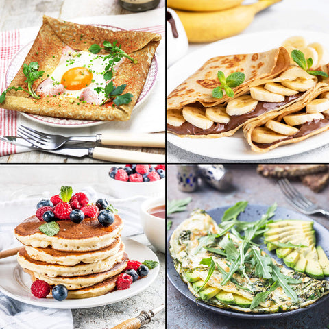 Sweet and savoury crepes for breakfast, lunch, dinner, snacking, made using the Duronic PM131 electric pancake machine