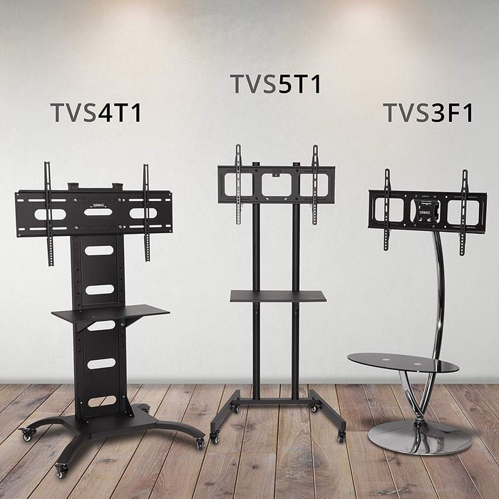Three mobile TV stands (TVS4T1, TVS5T1, TVS3F1) in black and chrome on wood flooring.