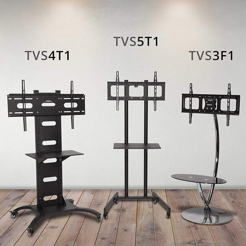 Three mobile TV stands (TVS4T1, TVS5T1, TVS3F1) in different styles displayed on a wooden floor.