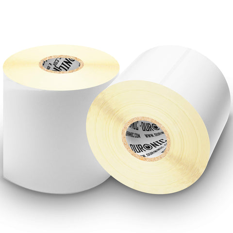 Two rolls of white Duronic thermal label stickers for shipping, organized on a white background.