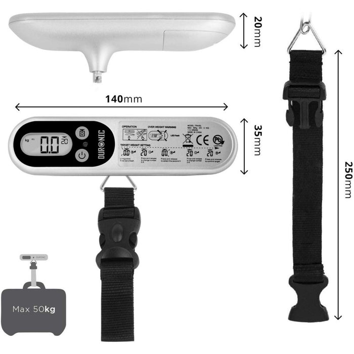 Duronic LS1013 Portable/W Luggage Scale Digital 50KG | Bag | Suitcase |  Travel | Scales Weights with Super Strong Straps